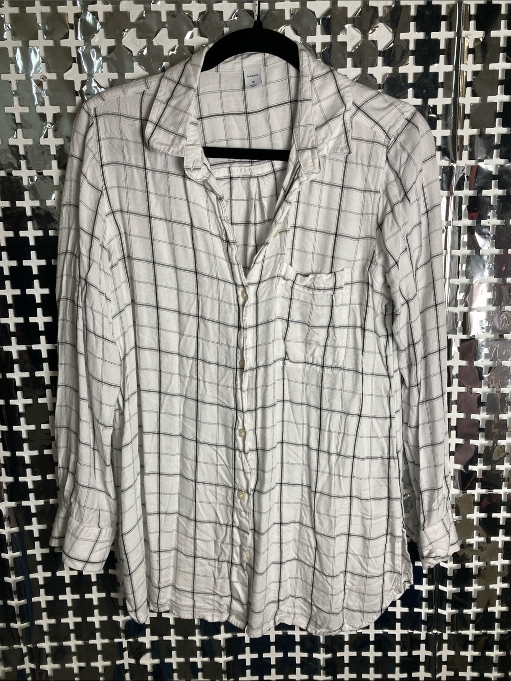 Old Navy White Button-Down Shirt with Black Grid
